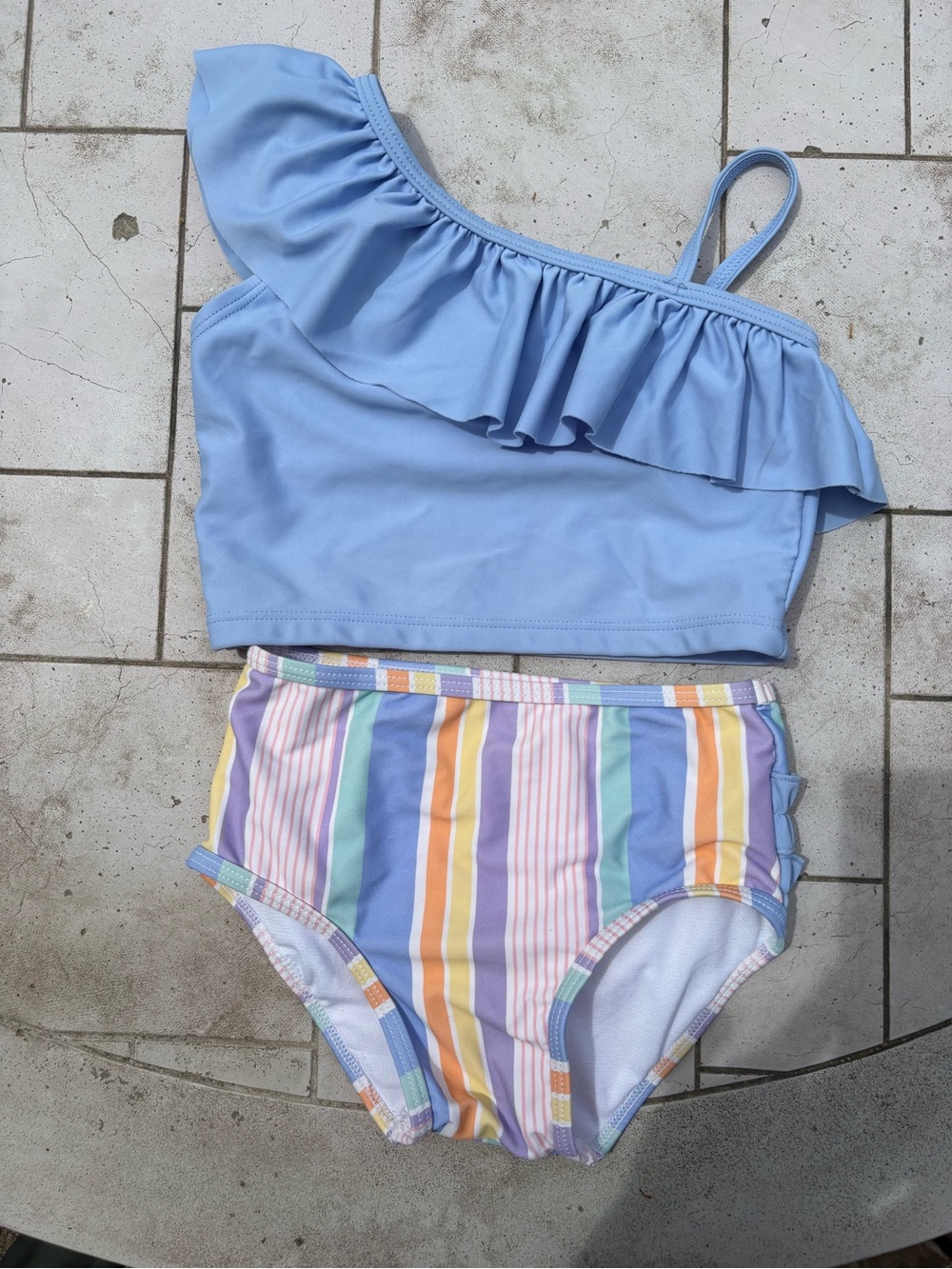 RuffleButts Periwinkle 1-Shoulder Ruffle Tankini & Pastel Striped Bottoms sz 3T